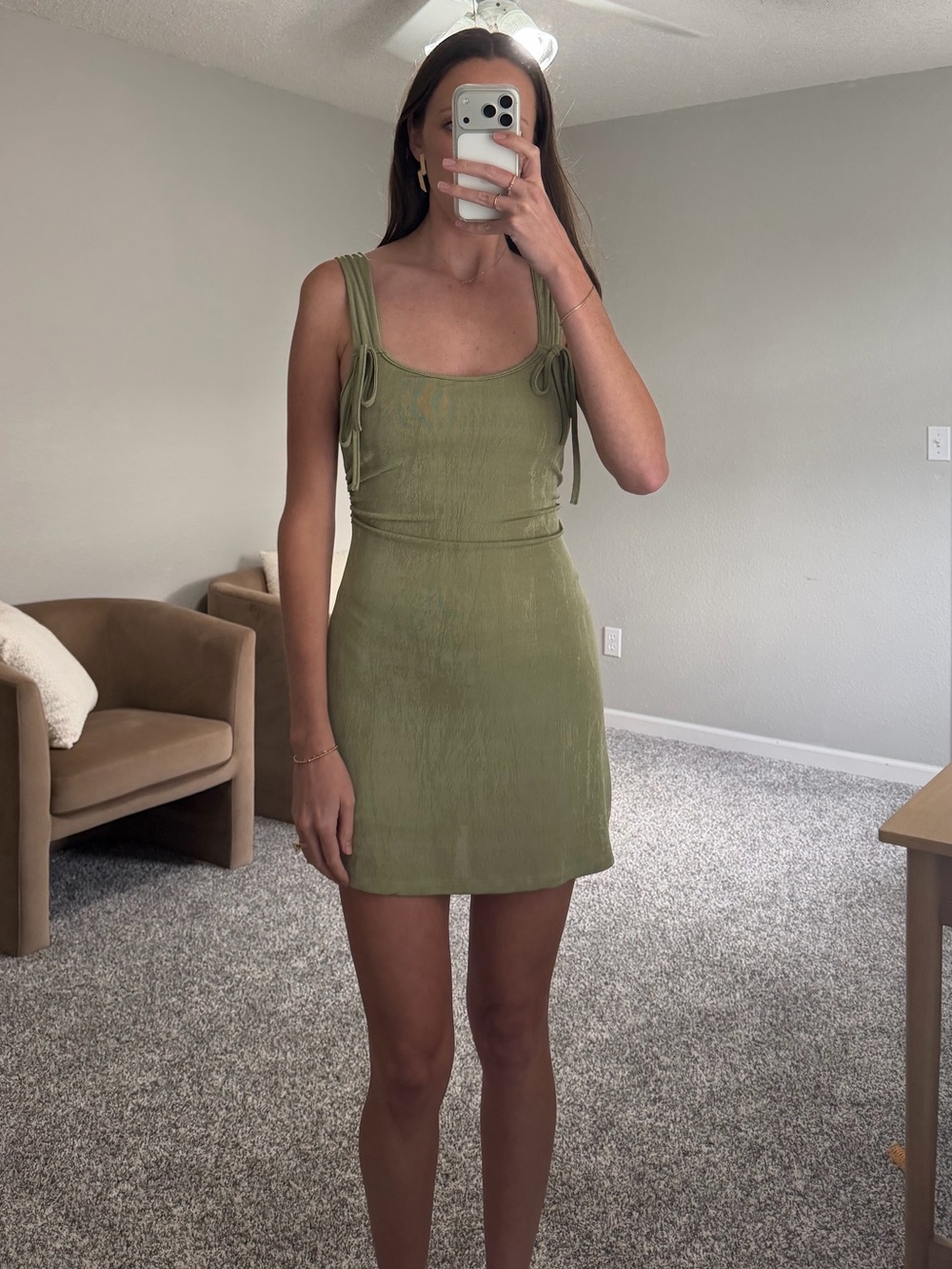 Olive Tie-Strap Square Neck Mini Dress
